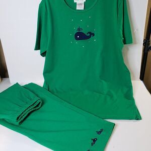 CUTE Vintage Quacker Factory Green Cotton Whale 2piece Pants Set size XS Outfit